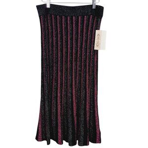 Nannette Lapore NWT Knit Pleated Sparkle Midi Skirt, Lerouge/Silver/Black, Large
